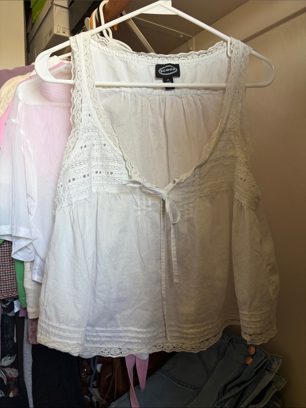 Free People inspired White Lace-Trim Sleeveless Tie-Front Camisole 100% cotton